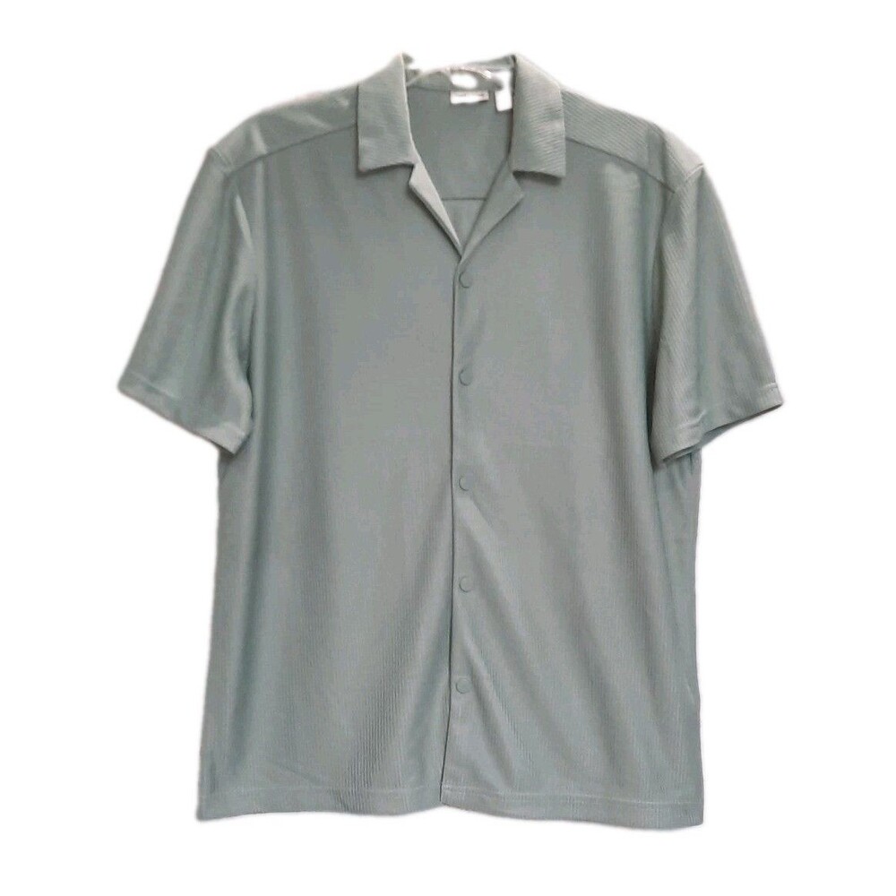 Only & Sons Sage Green Plisse Textured Resort Shirt Camp Collar Minimalist Sz L